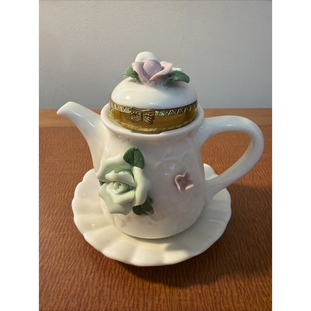 Vintage Trinket Box Teapot & Saucer Mini Roses Porcelain  4